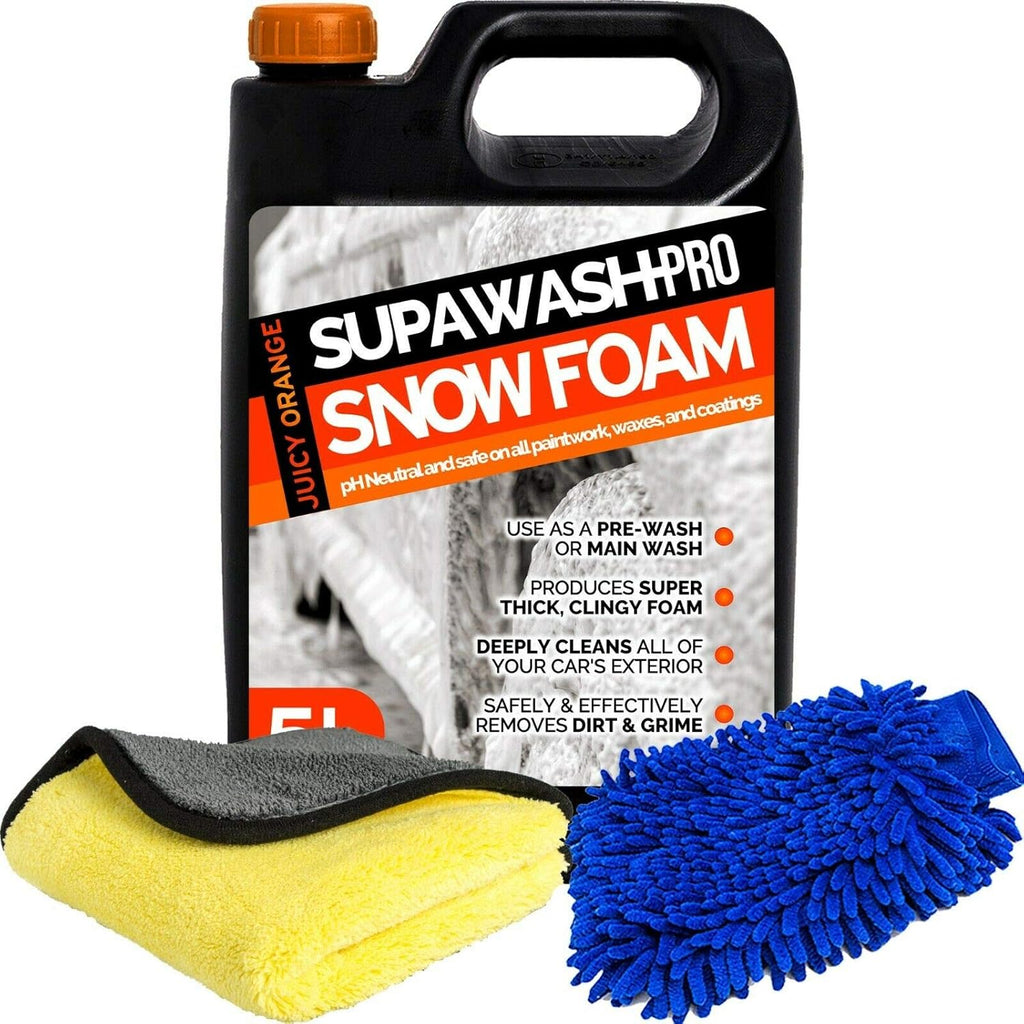 Orange Snow Foam Car Shampoo 5L with 1 X Microfibre Cloth & 1 Microfibre Wash Mitt - Ph Neutral Car Detailing Kit