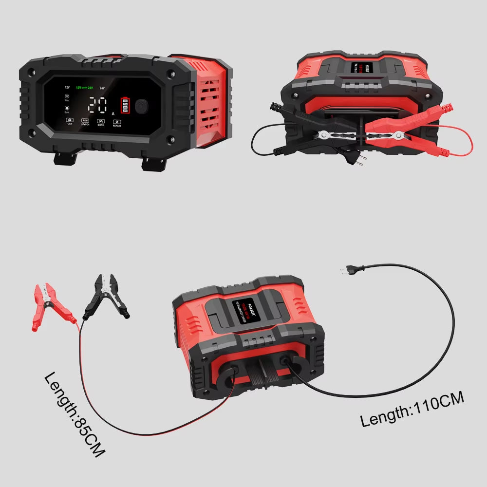 12V/24V Fully Automatic Battery Charger 7-Segment Smart Car Battery Charger Pulse Repair for Agm Gel Wet Lead Acid Charging