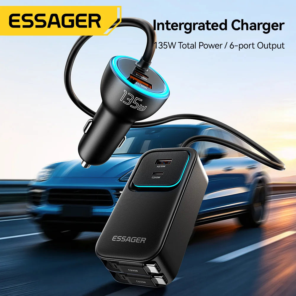 135W Dual Retractable Cable Car Charger with Rear Socket Type-C PD QC Fast Charging for Iphone 17 Samsung Huawei Laptop
