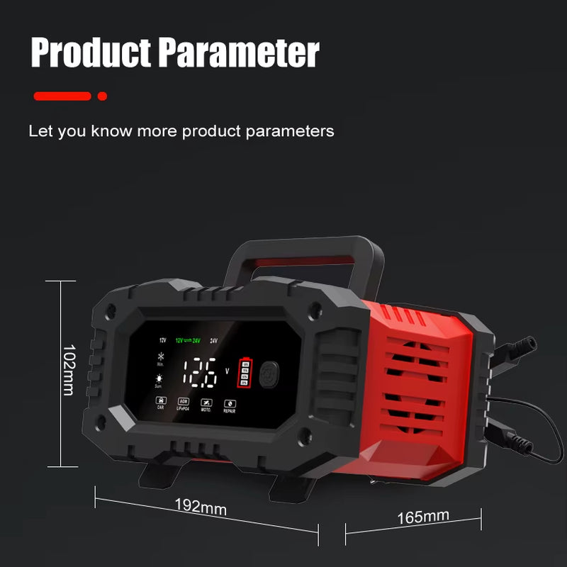 12V/24V Fully Automatic Battery Charger 7-Segment Smart Car Battery Charger Pulse Repair for Agm Gel Wet Lead Acid Charging