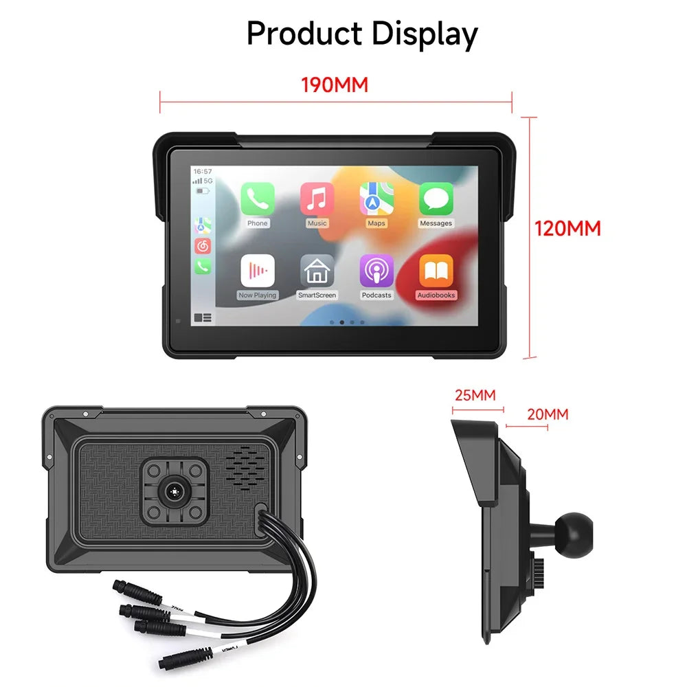 7 Inch Motorcycle Portable Navigation GPS Wireless Carplay Android Auto IP67 Waterproof Motorcycle 2K HD Touch Screen Display BT