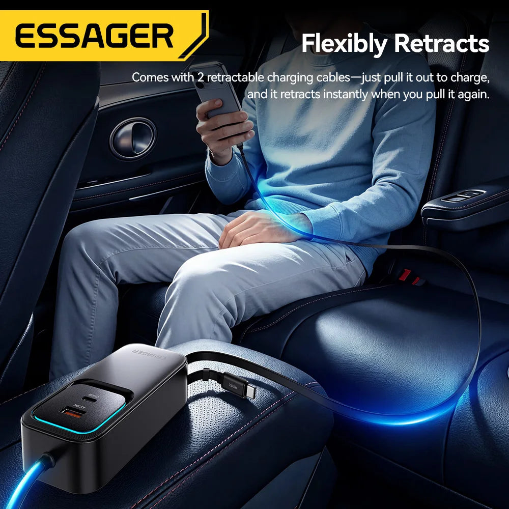 135W Dual Retractable Cable Car Charger with Rear Socket Type-C PD QC Fast Charging for Iphone 17 Samsung Huawei Laptop