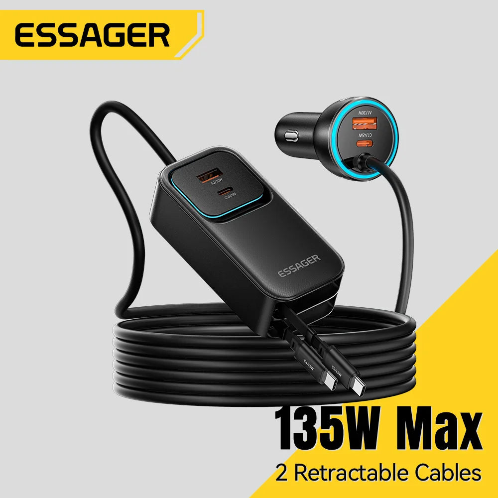 135W Dual Retractable Cable Car Charger with Rear Socket Type-C PD QC Fast Charging for Iphone 17 Samsung Huawei Laptop