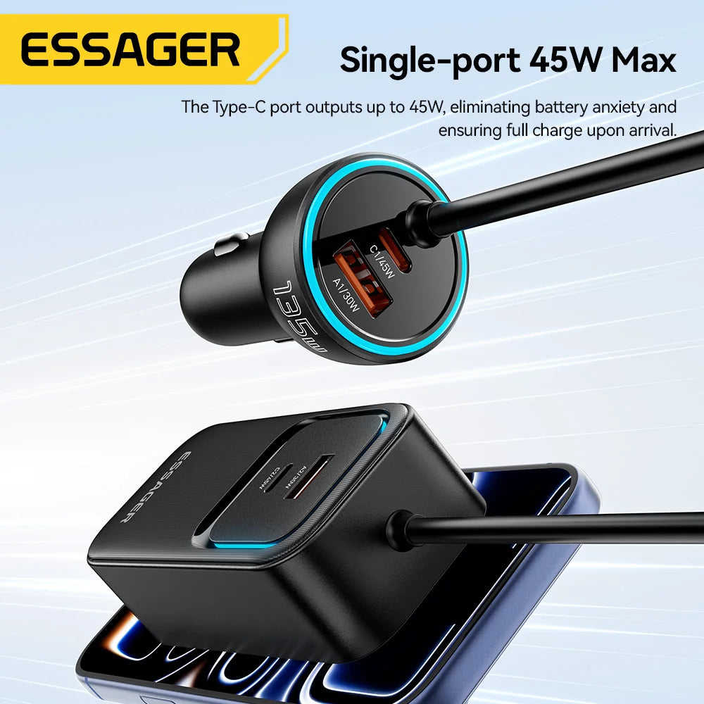 135W Dual Retractable Cable Car Charger with Rear Socket Type-C PD QC Fast Charging for Iphone 17 Samsung Huawei Laptop