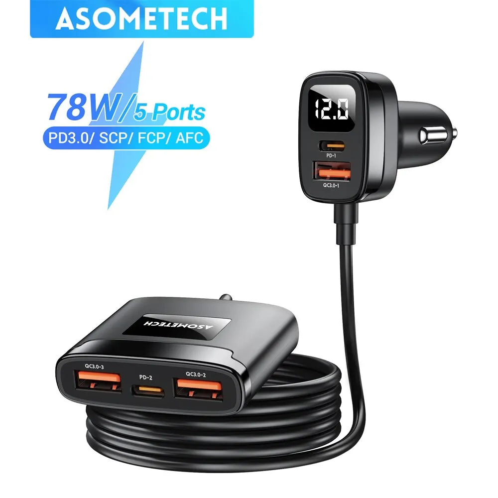 78W USB Car Charger 5 Ports QC3.0 PD3.0 SCP USB Type C Quick Charger for Iphone Samsung Tablet Xiaomi Car USB Charger
