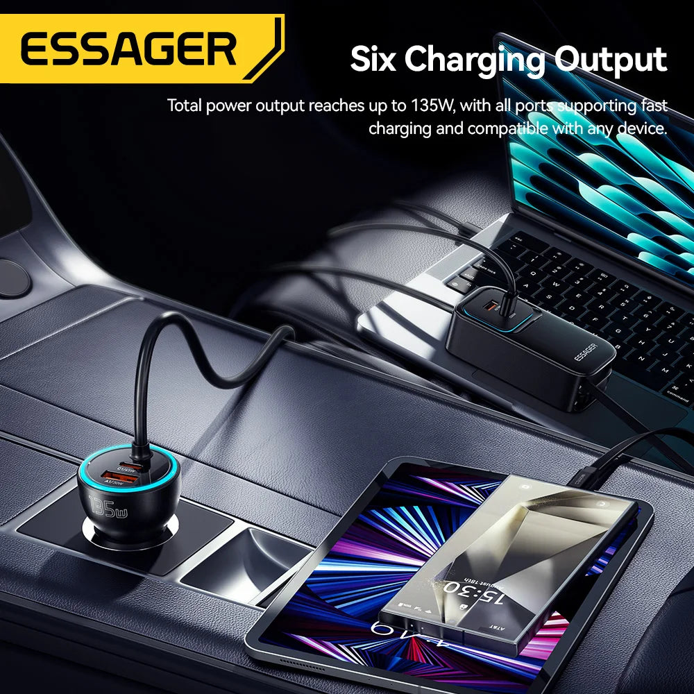 135W Dual Retractable Cable Car Charger with Rear Socket Type-C PD QC Fast Charging for Iphone 17 Samsung Huawei Laptop