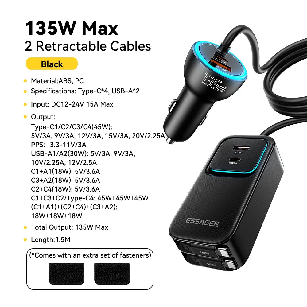 135W Dual Retractable Cable Car Charger with Rear Socket Type-C PD QC Fast Charging for Iphone 17 Samsung Huawei Laptop