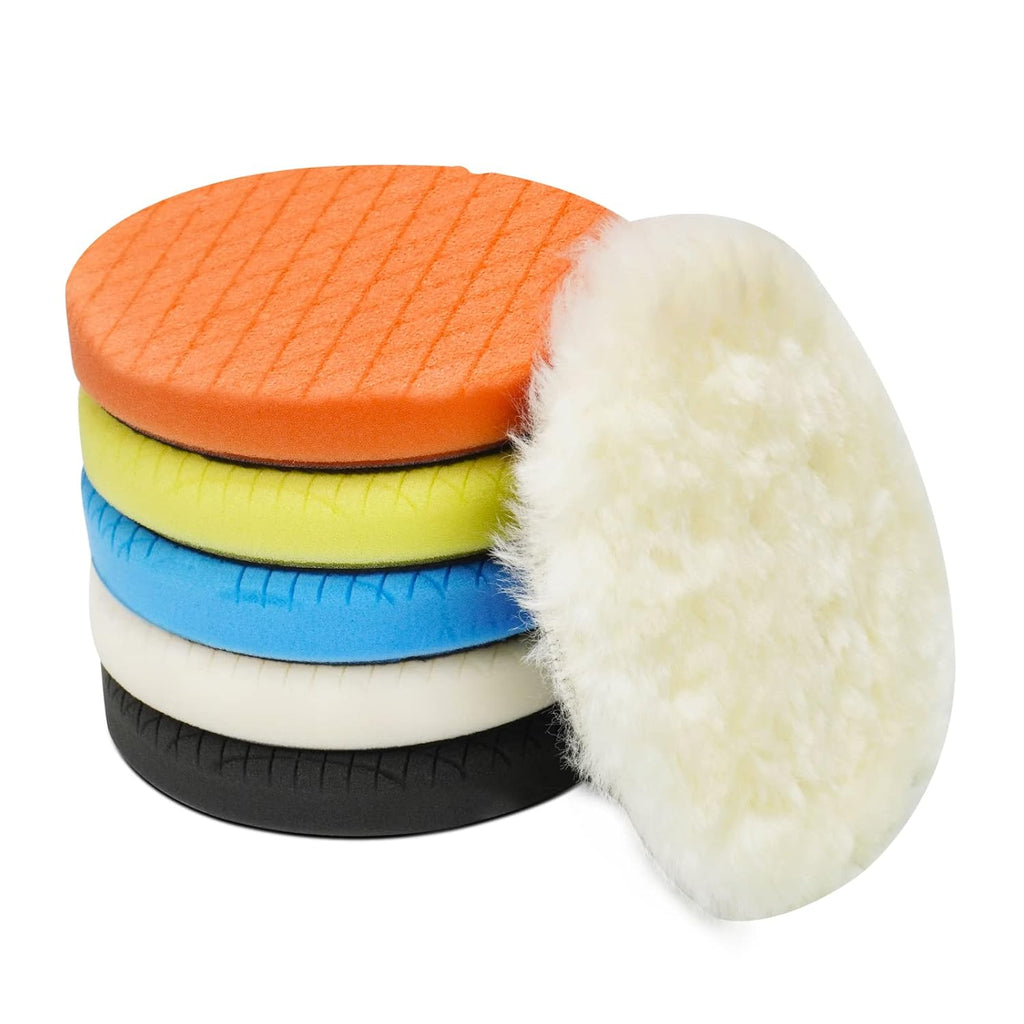 7" Buffing Polishing Pads, 6 Pcs, Wool, Fine, 7 Inch Face, 6.7 Inch Backing Plate, Compatible with Automotive Paint, Wax, and Other Surfaces