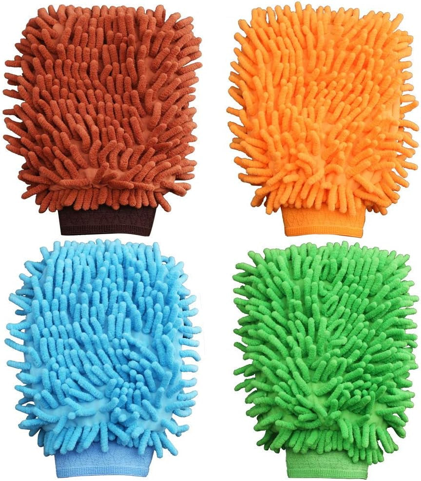 4 Pcs Microfibre Noodle Car Wash Mitts, Double Sided Easy to Use Car Washing Supplies Super Absorbent Cleaning Mitts Microfibre Gloves for Car Household Cleaning(Random Color)