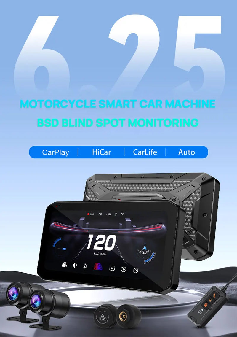Wireless 6.25" Carplay Screen for Motorcycle Waterproof GPS Navigator with 2HD Camera Motor DVR TMPS BSD  T7 Carplay Moto