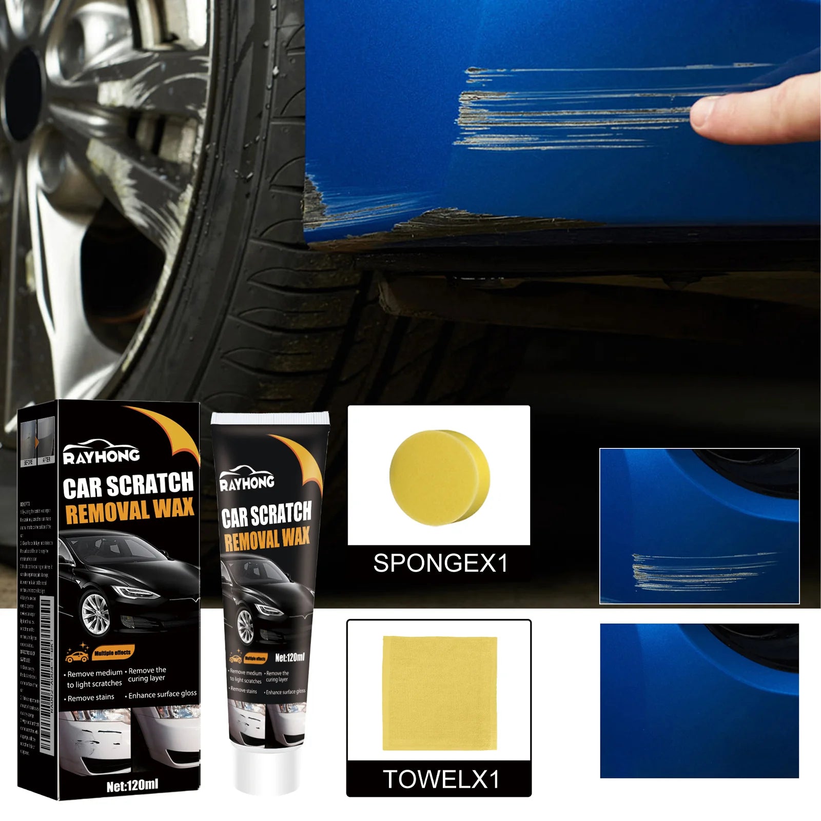 Car Scratch Repair Wax, Auto Paint Scratch Remover with Sponge & Towel, Restores Faded Car Paint, Removes Oxidation Stains Water Marks