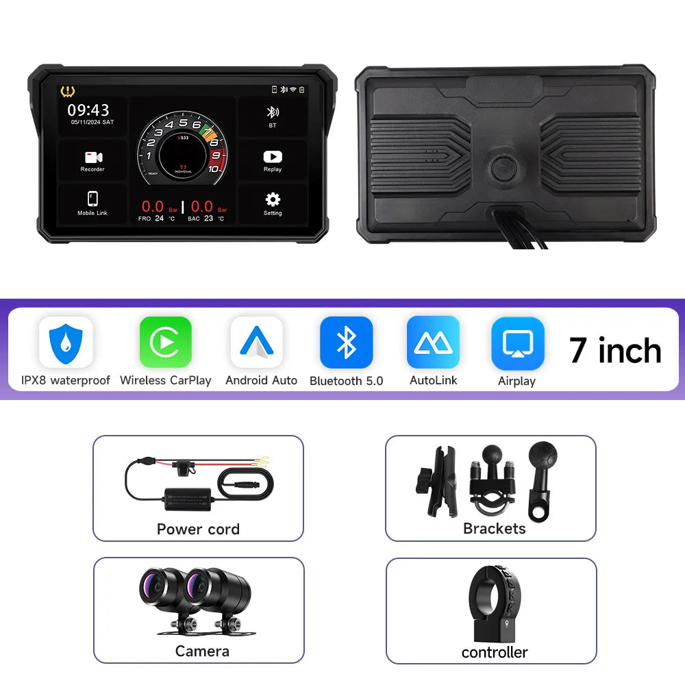 7 Inch Motorcycle Portable Navigation GPS Wireless Carplay Android Auto IP67 Waterproof Motorcycle 2K HD Touch Screen Display BT