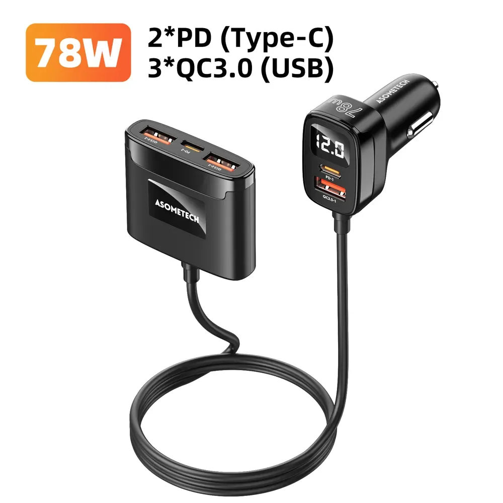 78W USB Car Charger 5 Ports QC3.0 PD3.0 SCP USB Type C Quick Charger for Iphone Samsung Tablet Xiaomi Car USB Charger