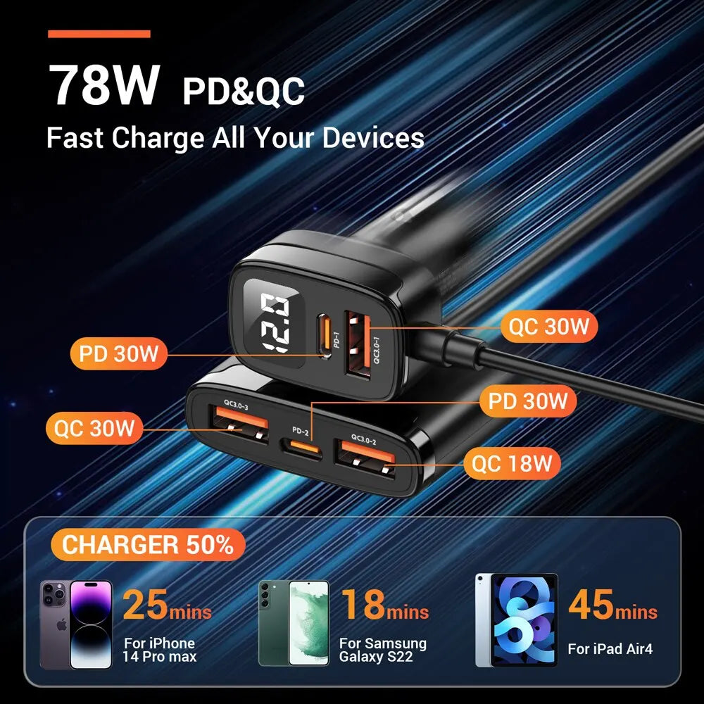 78W USB Car Charger 5 Ports QC3.0 PD3.0 SCP USB Type C Quick Charger for Iphone Samsung Tablet Xiaomi Car USB Charger
