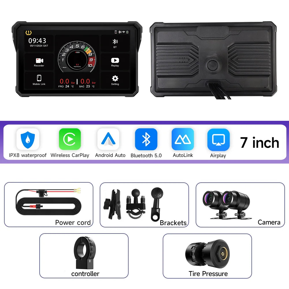 7 Inch Motorcycle Portable Navigation GPS Wireless Carplay Android Auto IP67 Waterproof Motorcycle 2K HD Touch Screen Display BT