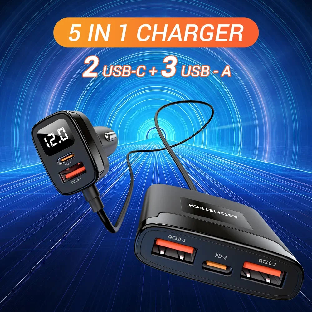 78W USB Car Charger 5 Ports QC3.0 PD3.0 SCP USB Type C Quick Charger for Iphone Samsung Tablet Xiaomi Car USB Charger