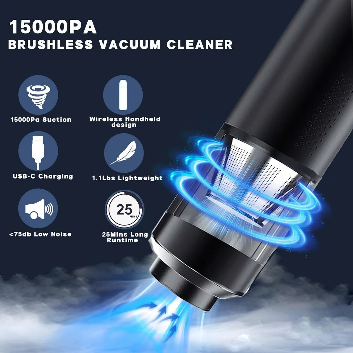 Brushless Car Vacuum Cleaner, 15000Pa, Cordless, 2 Speeds, Type-C Fast Charging, Handheld Car Home Portable Handheld Vacuum Cleaner