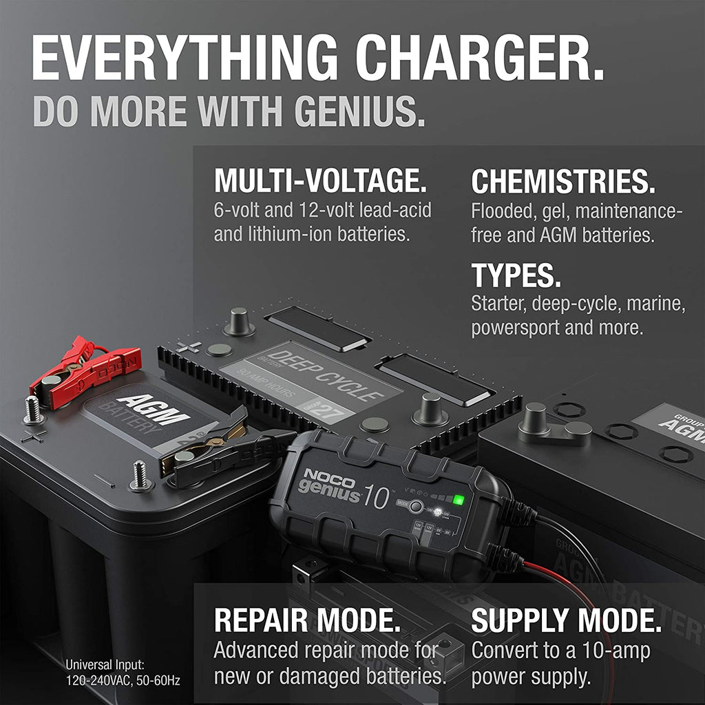 GENIUS10: 10A 6V/12V Smart Battery Charger – Automatic Maintainer, Trickle Charger & Desulfator with Overcharge Protection & Temperature Compensation – for Lead-Acid & Lithium Batteries