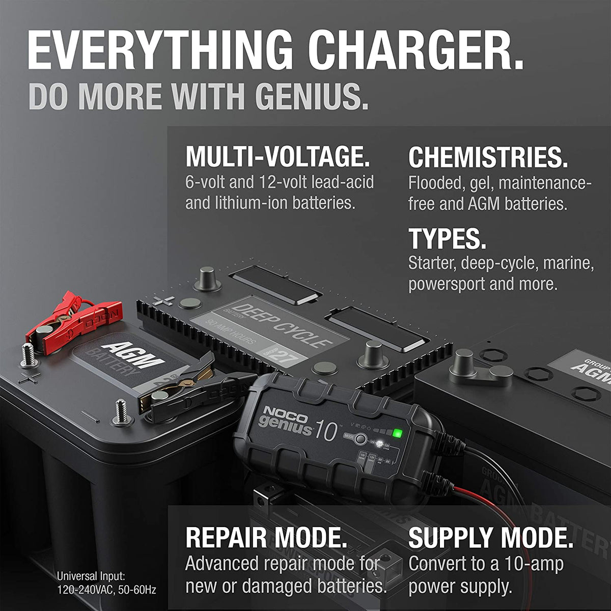 GENIUS10: 10A 6V/12V Smart Battery Charger – Automatic Maintainer, Trickle Charger & Desulfator with Overcharge Protection & Temperature Compensation – for Lead-Acid & Lithium Batteries