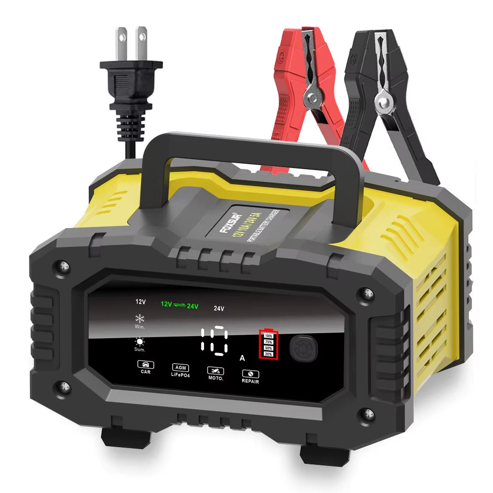 12V/24V Fully Automatic Battery Charger 7-Segment Smart Car Battery Charger Pulse Repair for Agm Gel Wet Lead Acid Charging