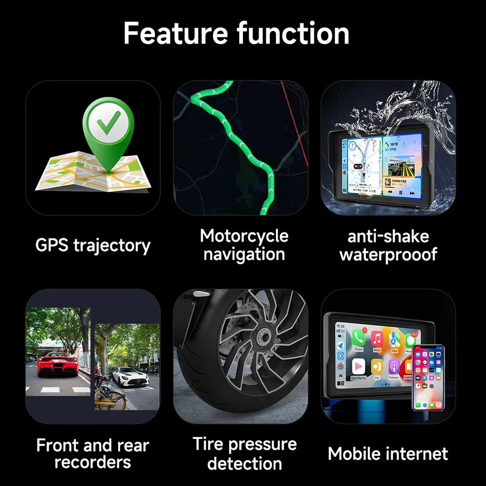 7 Inch Motorcycle Portable Navigation GPS Wireless Carplay Android Auto IP67 Waterproof Motorcycle 2K HD Touch Screen Display BT