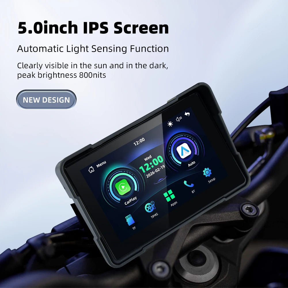 5.0 Inch Wireless Carplay Moto Portable Digital Motorcycle Dashboard GPS Navigation Display Screen Android Auto Monitor