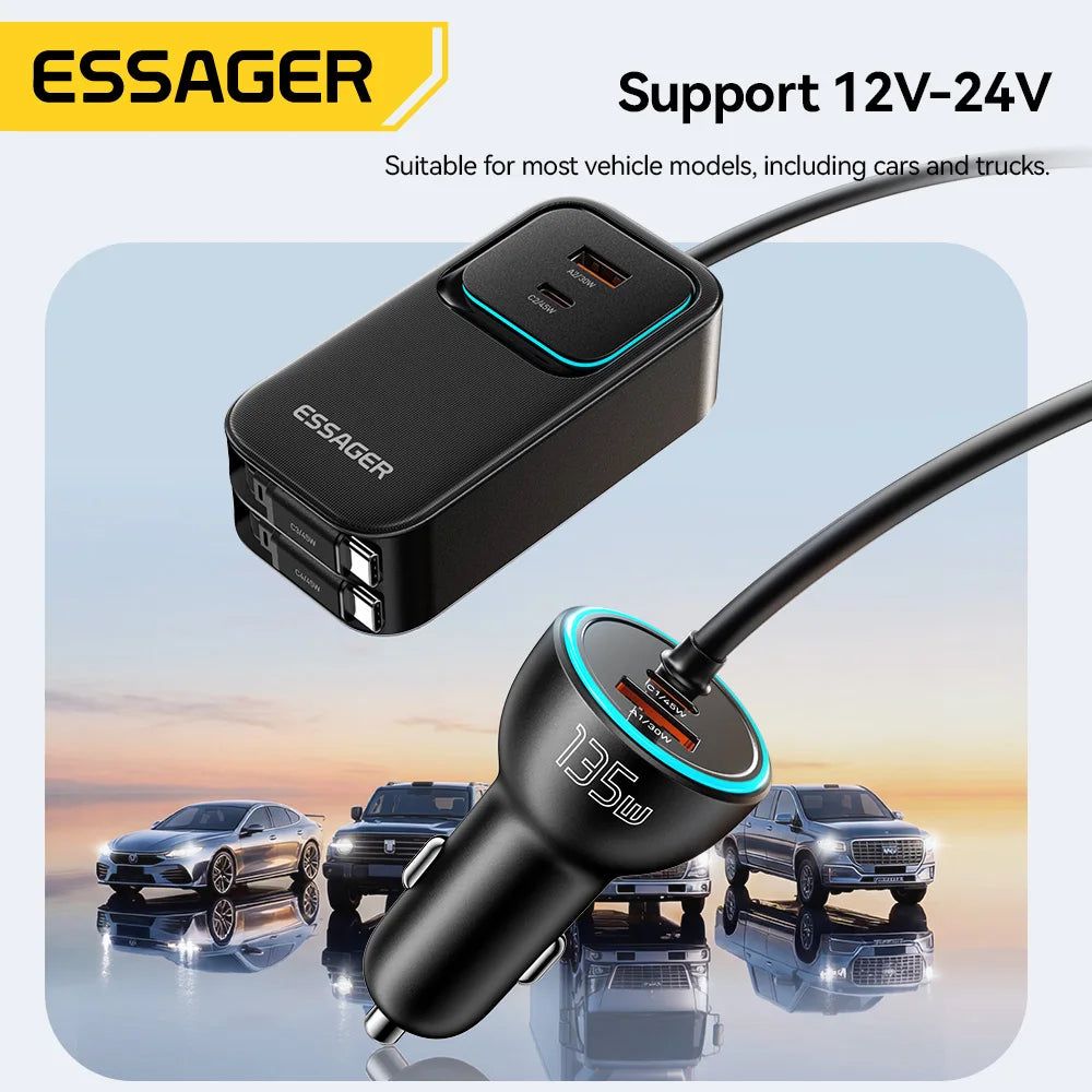135W Dual Retractable Cable Car Charger with Rear Socket Type-C PD QC Fast Charging for Iphone 17 Samsung Huawei Laptop
