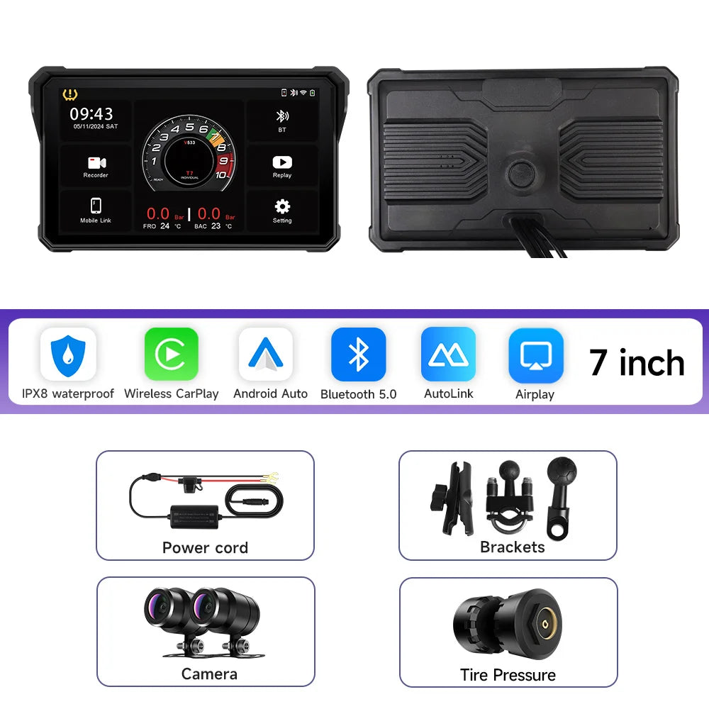 7 Inch Motorcycle Portable Navigation GPS Wireless Carplay Android Auto IP67 Waterproof Motorcycle 2K HD Touch Screen Display BT