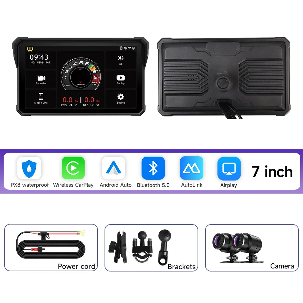 7 Inch Motorcycle Portable Navigation GPS Wireless Carplay Android Auto IP67 Waterproof Motorcycle 2K HD Touch Screen Display BT